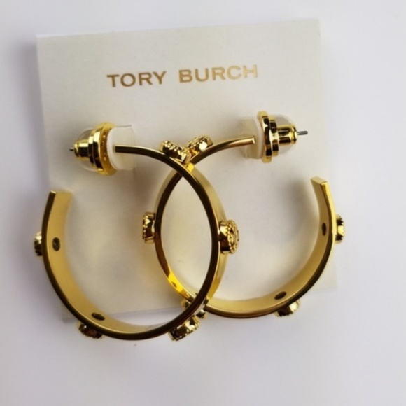 Tory Burch Gold Milgrain Logo Hoop Earrings - Picture 3 of 5